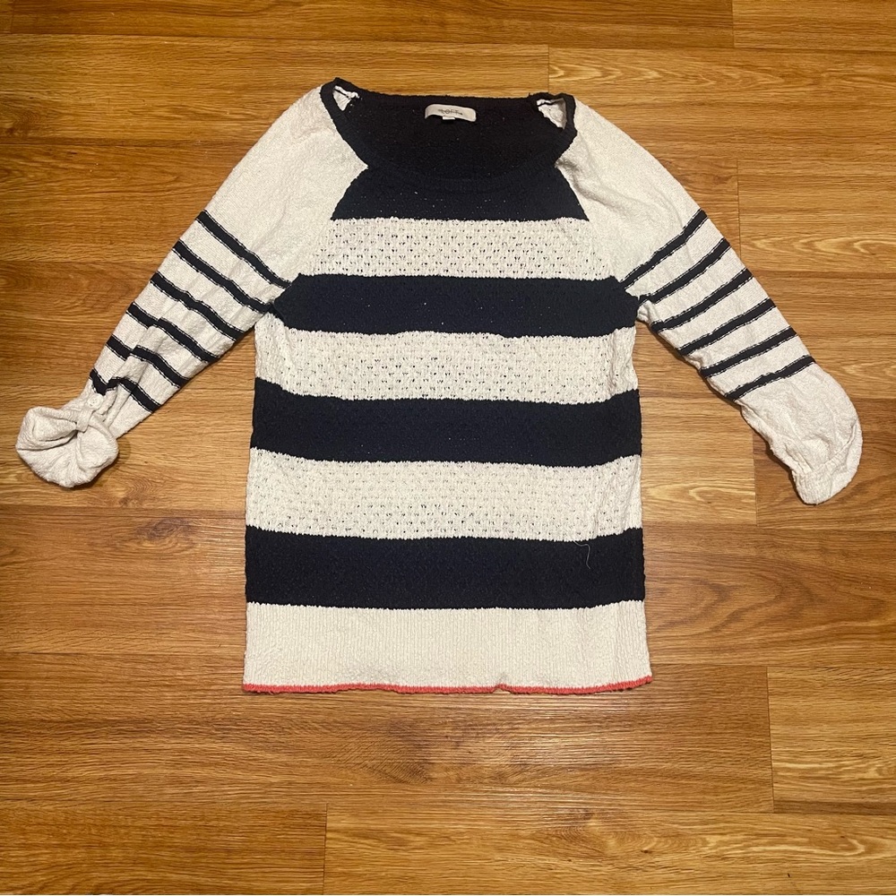 Ann Taylor LOFT Rolled Long Sleeve Sweater, Dark Navy and White Stripe, Large